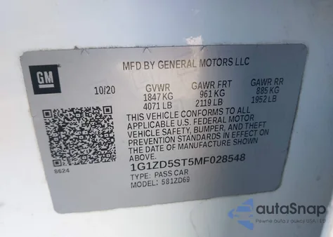 2021 Chevrolet Malibu Fwd Lt z USA, uszkodzony, nr VIN 1G1ZD5ST5MF028548